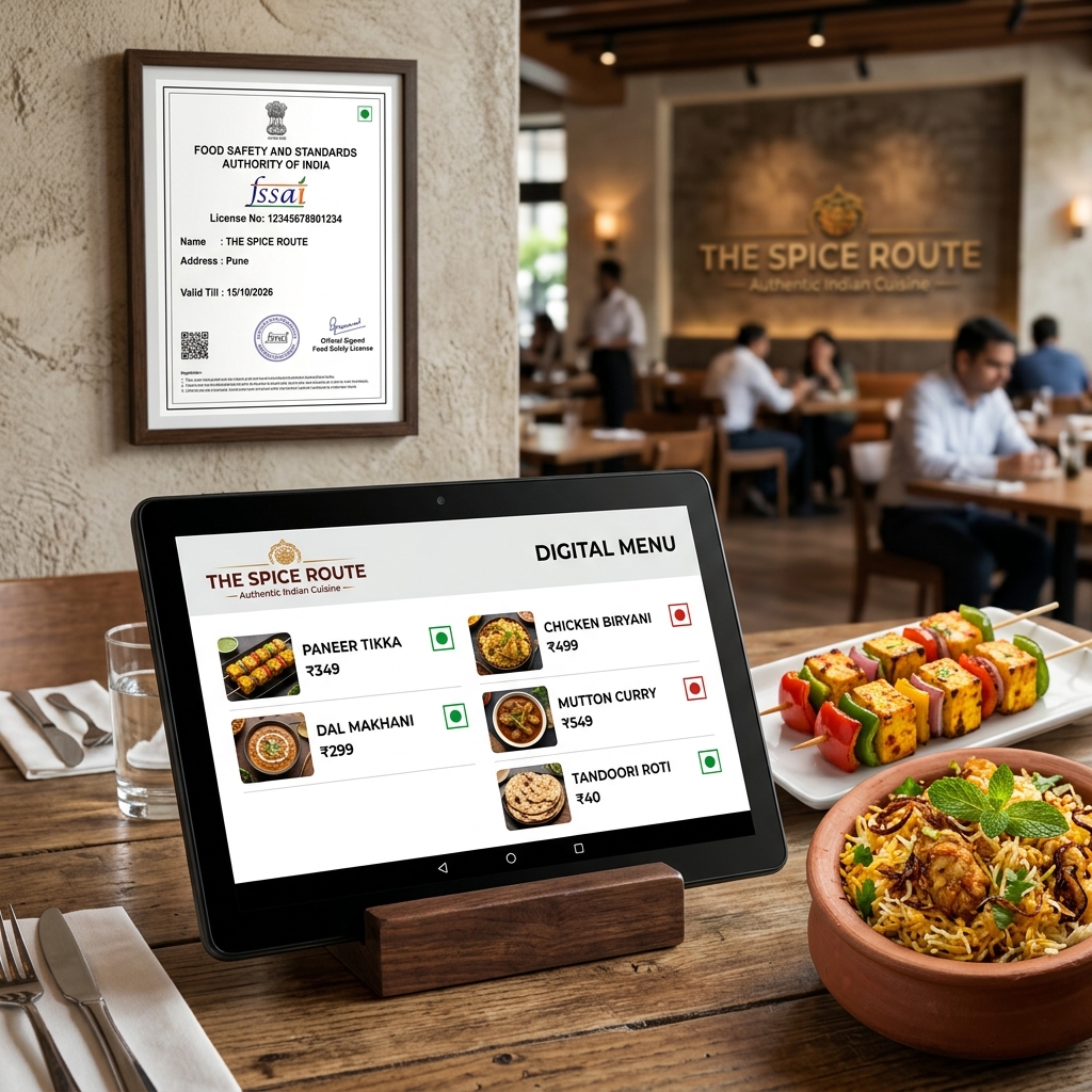 FSSAI compliance with green and red veg/non-veg dots on a digital restaurant menu