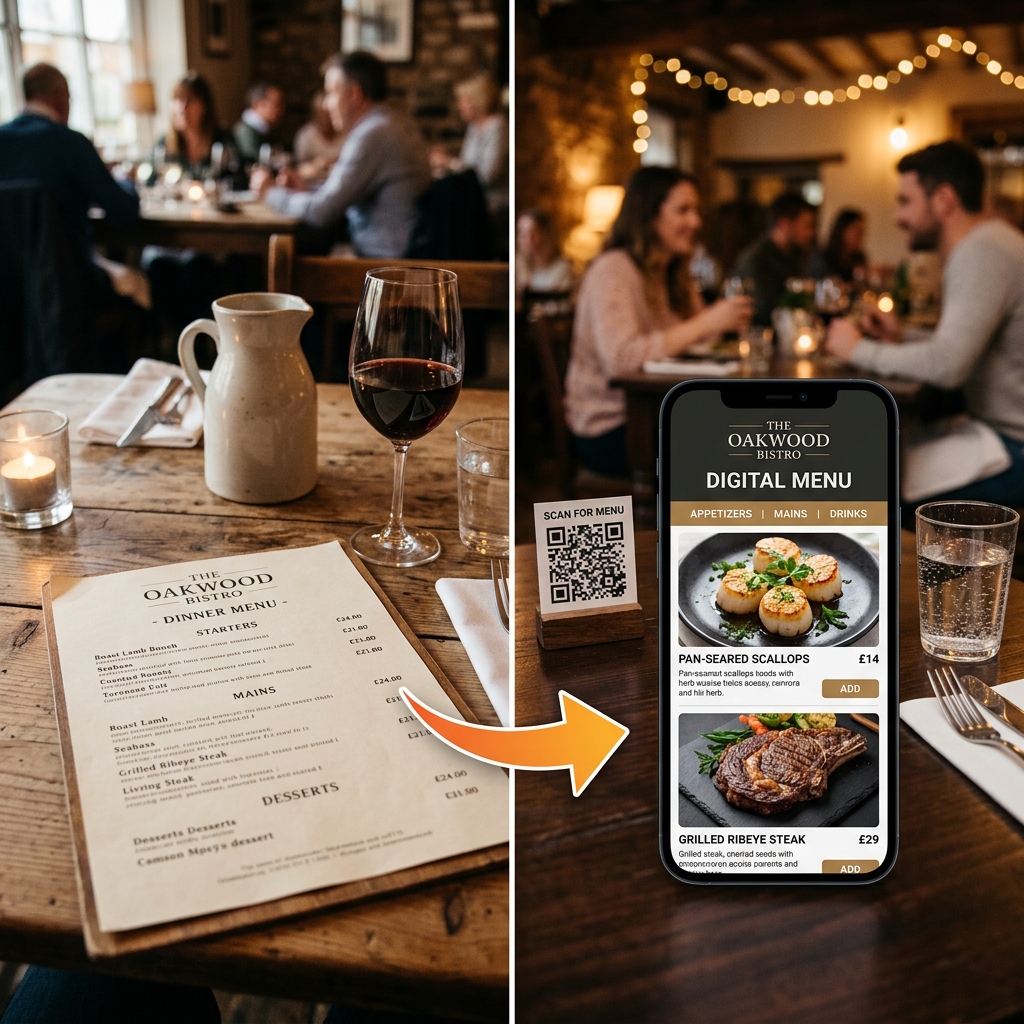Transformation from a traditional printed paper menu to a modern digital QR menu on a smartphone