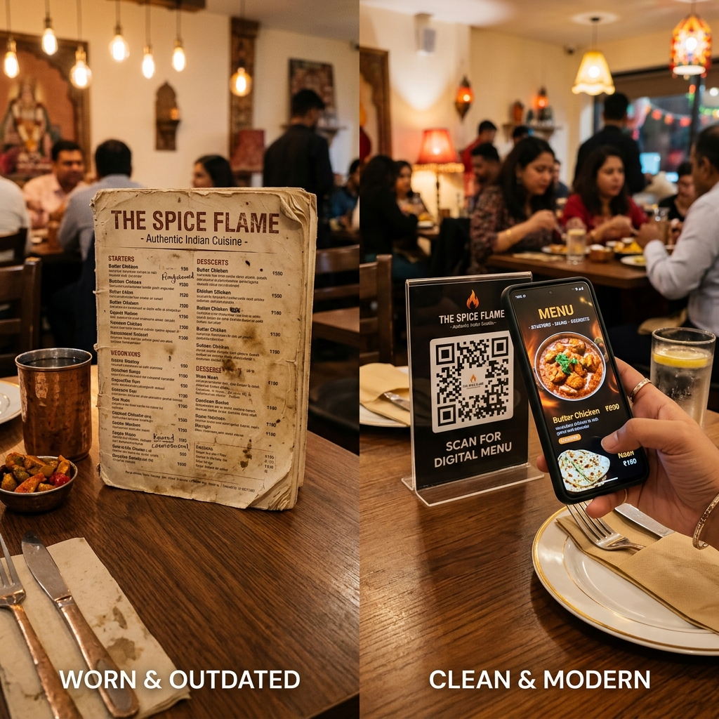 Side-by-side comparison of a worn paper menu and a clean digital QR menu