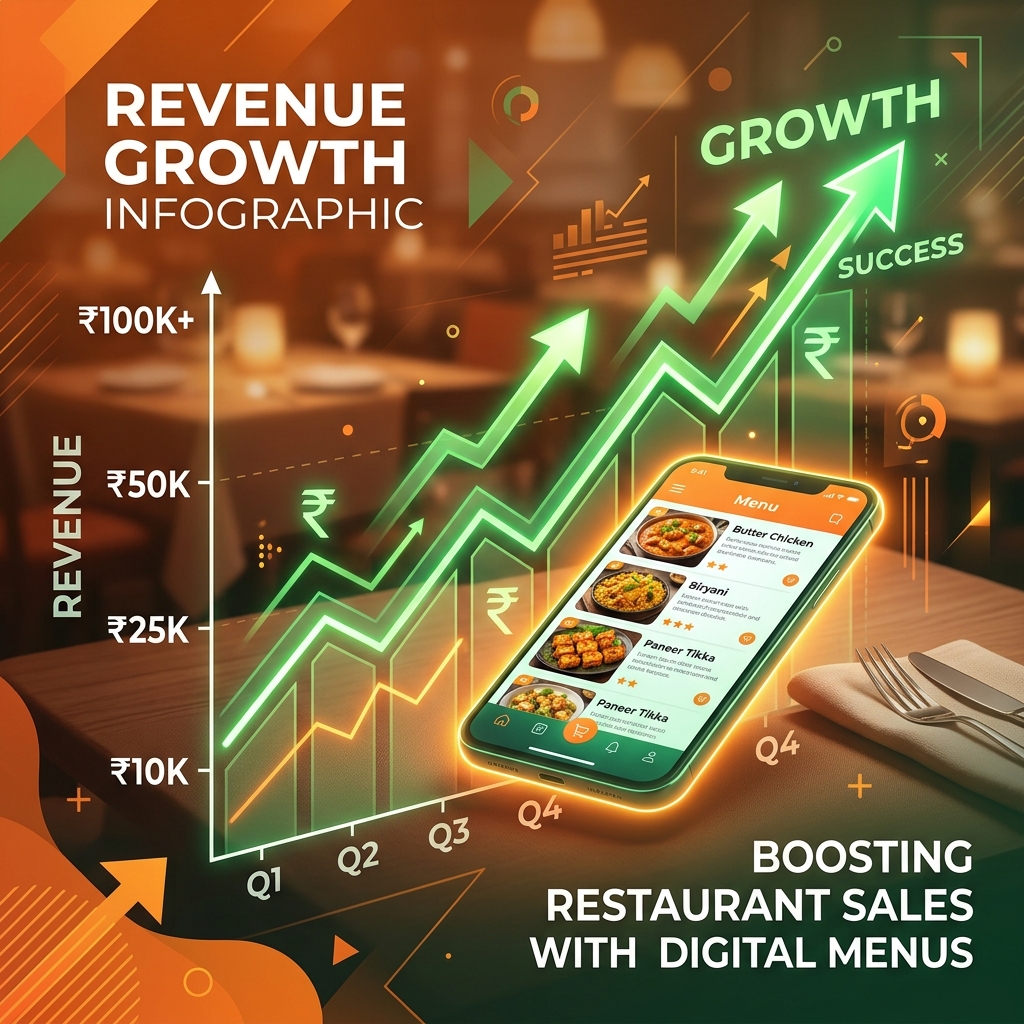 Upward trending revenue graph showing increased restaurant sales from digital menus