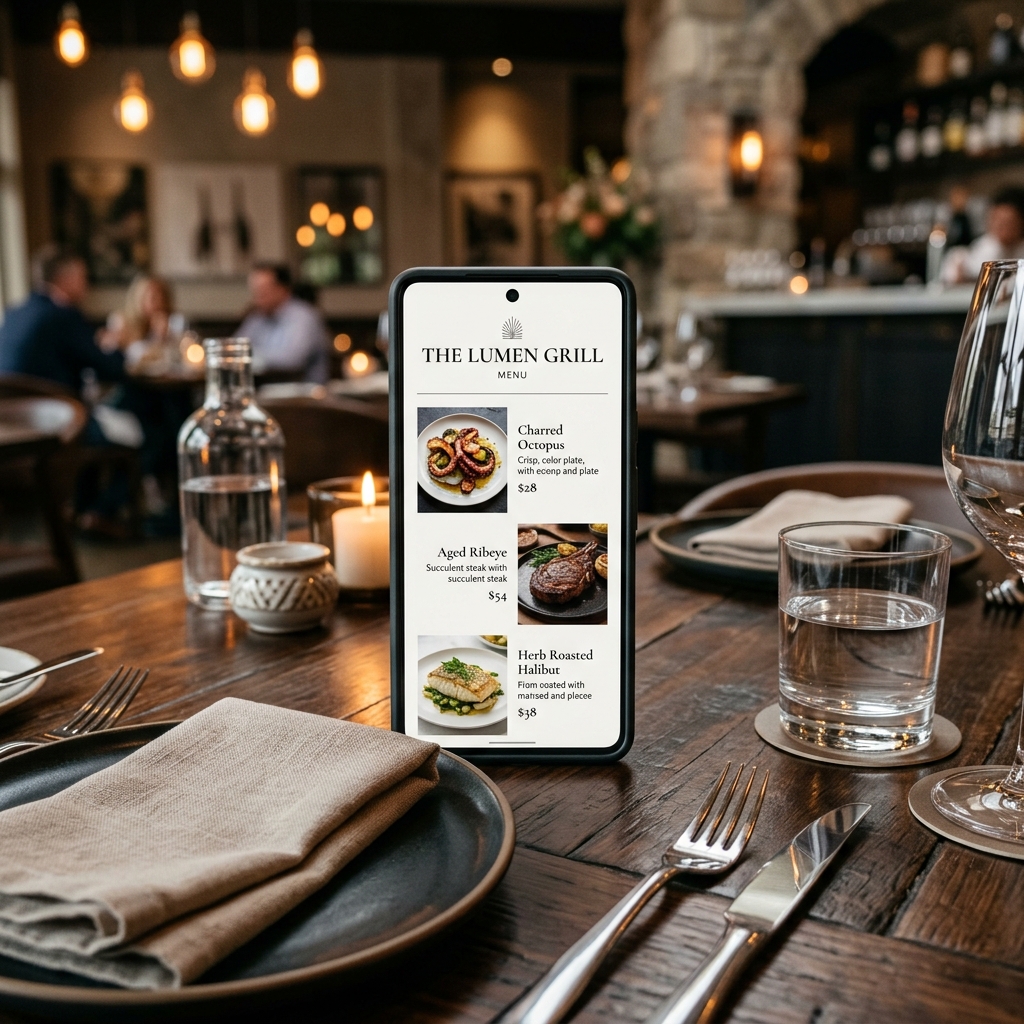 High-quality digital menu mockup on smartphone next to premium table setting